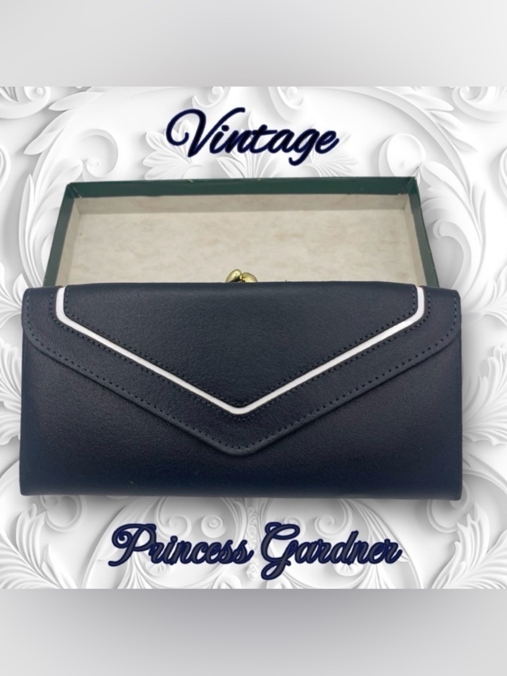 Princes Gardner NIB Vintage Navy White and Gold Leather Wallet